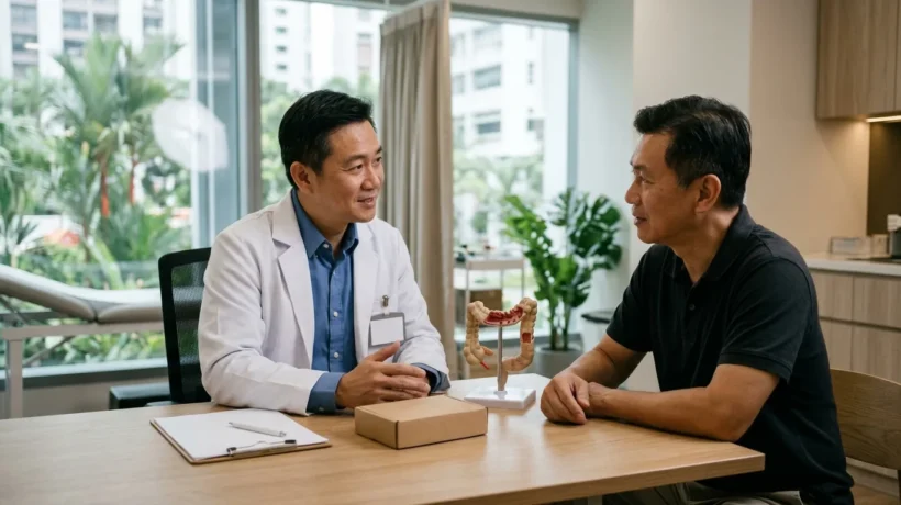 Doctor in a white coat talking with a middle-aged patient at a clinic desk with a model of the large intestine