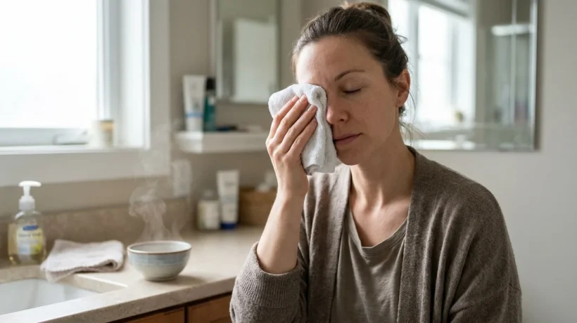 Woman holding a warm washcloth over her closed eye beside a bowl of warm water in a bathroom